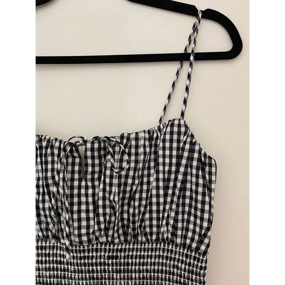 J Crew Smocked Black White Gingham Tie Front Midi Dress Bodycon Fitted NWT 00 - Picture 6 of 14
